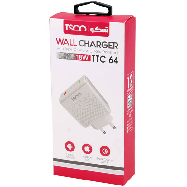 شارژر دیواری تسکو مدل TTC 64 به همراه کابل تبدیل USB-C